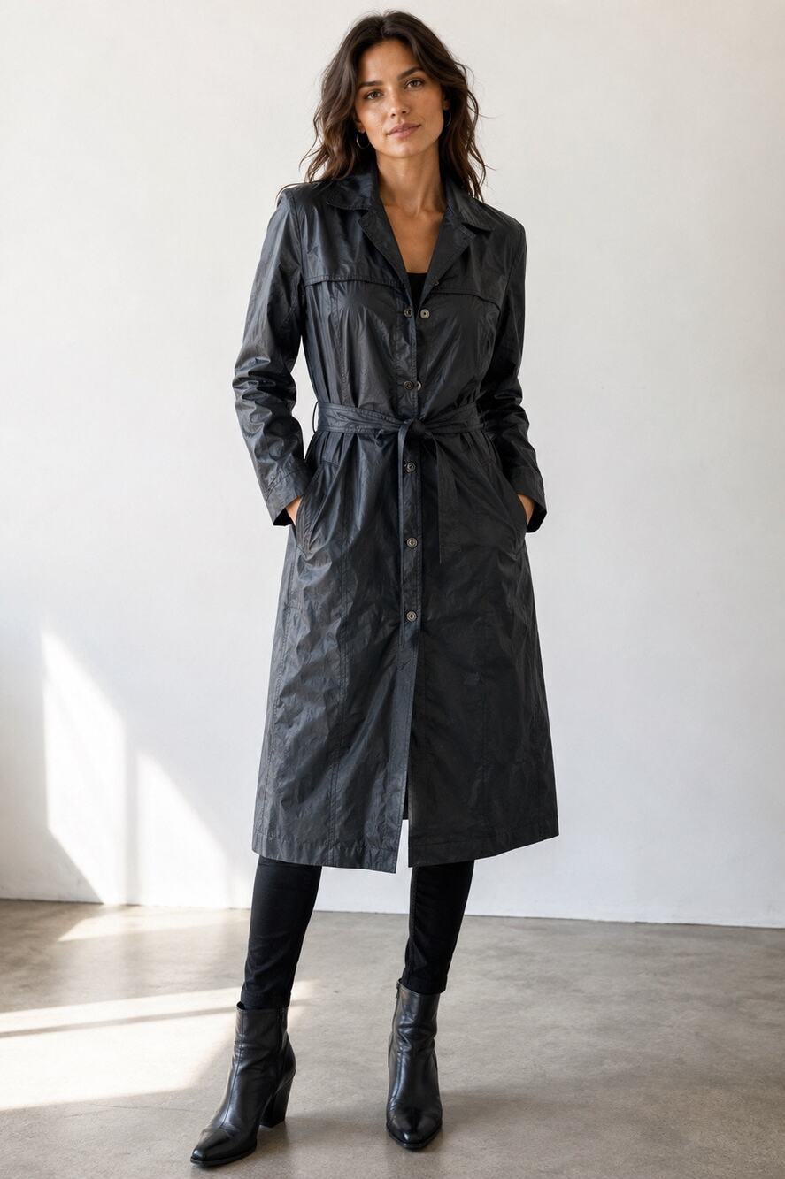 Elie Tahari Black Rain Trench Coat Belted Snap Front Cotton Polyurethane Jacket